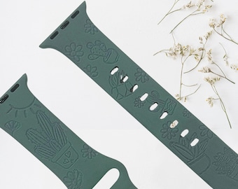 Cactus Engraved Silicone Smartwatch Band for iWatch | Desert Theme Strap | Succulent Pattern Watchband | Custom Engraved Gift for Her