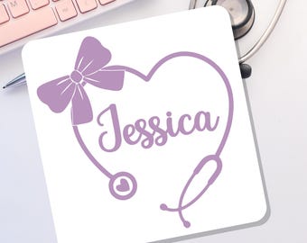 Personalized Stethoscope Bow Sticker, Custom Name Medical Professional Decal, Doctor Name Sticker, RN Gift, Nursing Decal, Water Bottle