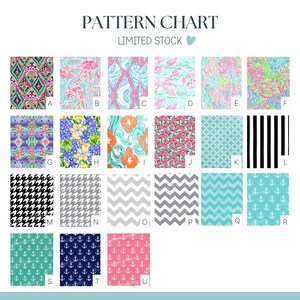 May include: A pattern chart displaying twenty-one distinct fabric swatches labeled A through U. The designs include colorful floral, nautical, geometric, chevron, houndstooth, and striped patterns in various shades of pink, blue, green, and black.