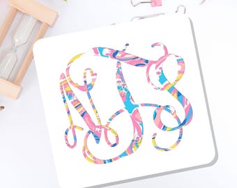 Custom Vine Monogram Decal Sticker, Personalized Initials Vinyl Decal, Floral Stickers, Car Window Label, Teal and Coral Labels