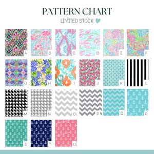 May include: A pattern chart displaying twenty-one distinct fabric swatches labeled A through U. The designs include colorful floral, nautical, geometric, chevron, houndstooth, and striped patterns in various shades of pink, blue, green, and black.