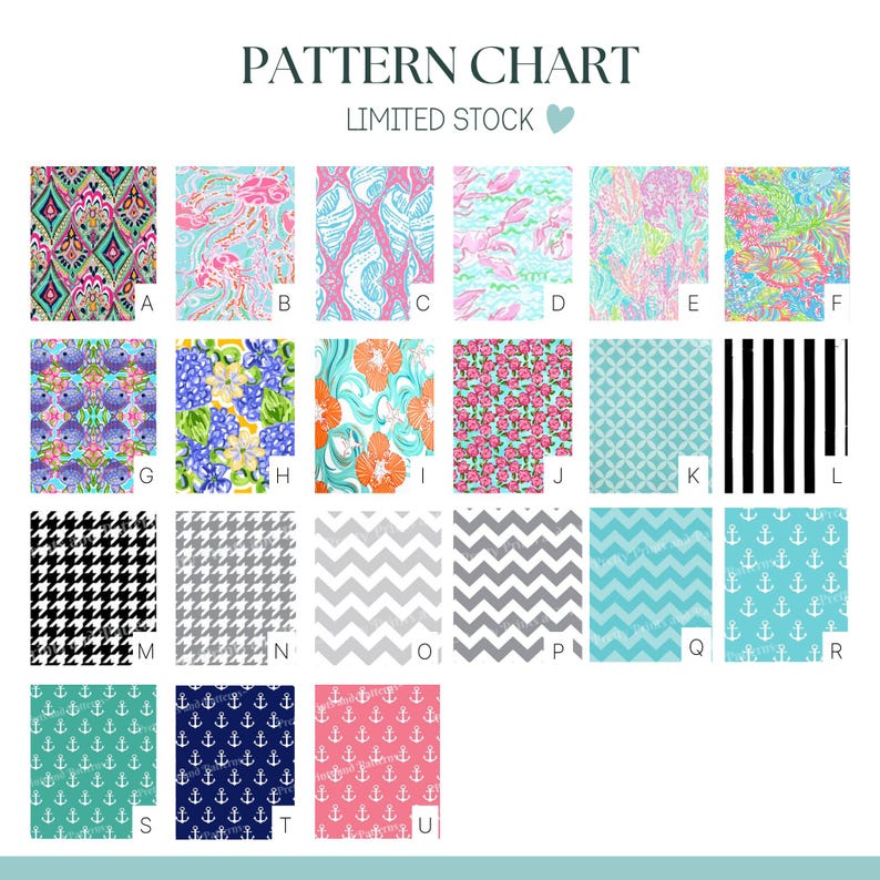May include: A pattern chart displaying twenty-one distinct fabric swatches labeled A through U. The designs include colorful floral, nautical, geometric, chevron, houndstooth, and striped patterns in various shades of pink, blue, green, and black.