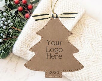 Custom Logo Leather Christmas Tree Ornament Gift Tag, Bulk Leatherette Business Swag, Engraved Corporate Gift, Personalized Real Estate Gift
