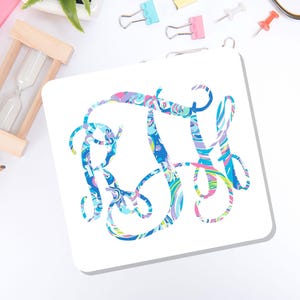 May include: A square white coaster featuring a decorative, swirling monogram in shades of blue, pink, purple, and green. The letters are intertwined in a cursive, ornate script style, creating a colorful, abstract pattern across the center.