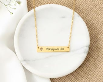 Personalized Horizontal Name Bar Necklace with Cross, Engraved Bible Verse Jewelry, Christian Baptism Gift for Women & Girls, Communion Gift