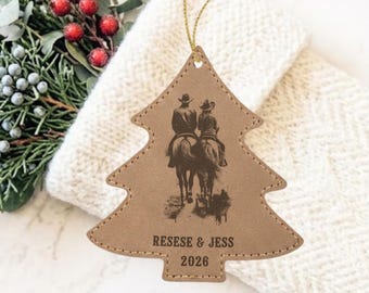 Personalized Western Christmas Ornament, Custom Horse Riding Couple Leather Ornament, Cowboy Cowgirl Gift, Country Trail Ride Souvenir