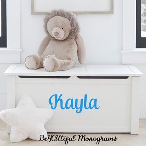 May include: A white toy chest with the name "Kayla" in blue script. A plush lion and a white star-shaped pillow sit on and near the chest. The chest has a hinged lid and is made of wood.