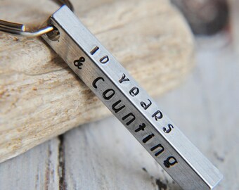 Hand Stamped Aluminum Anniversary Keychain, Personalized 10 Year Gift