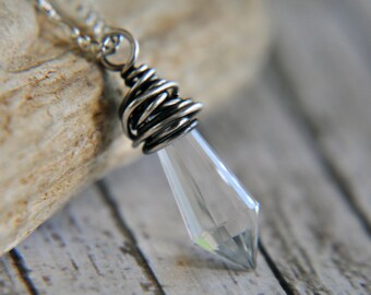 Crystal Prism Necklace: Oxidized Sterling Silver Wire Wrapped Pendant