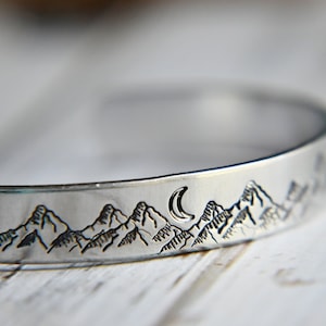 Hand Stamped Mountain Cuff Bracelet: Tarnish Resistant Aluminum