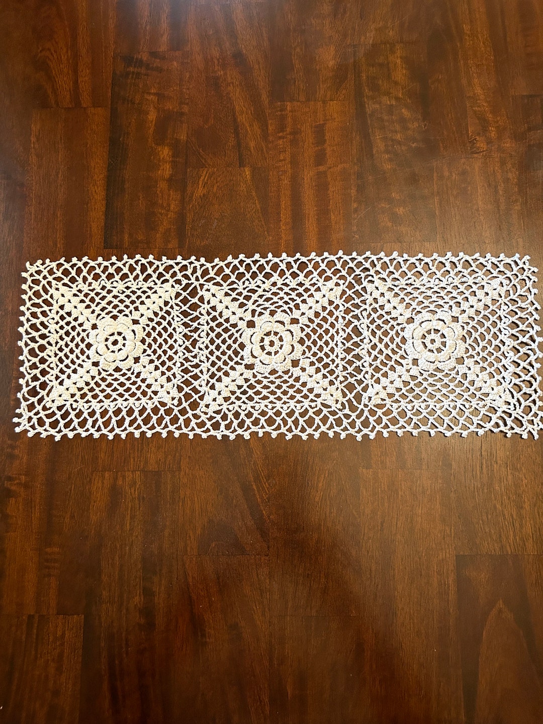 Handmade Crochet White Rectangular Doily With Flower Block Pattern - 18 ...