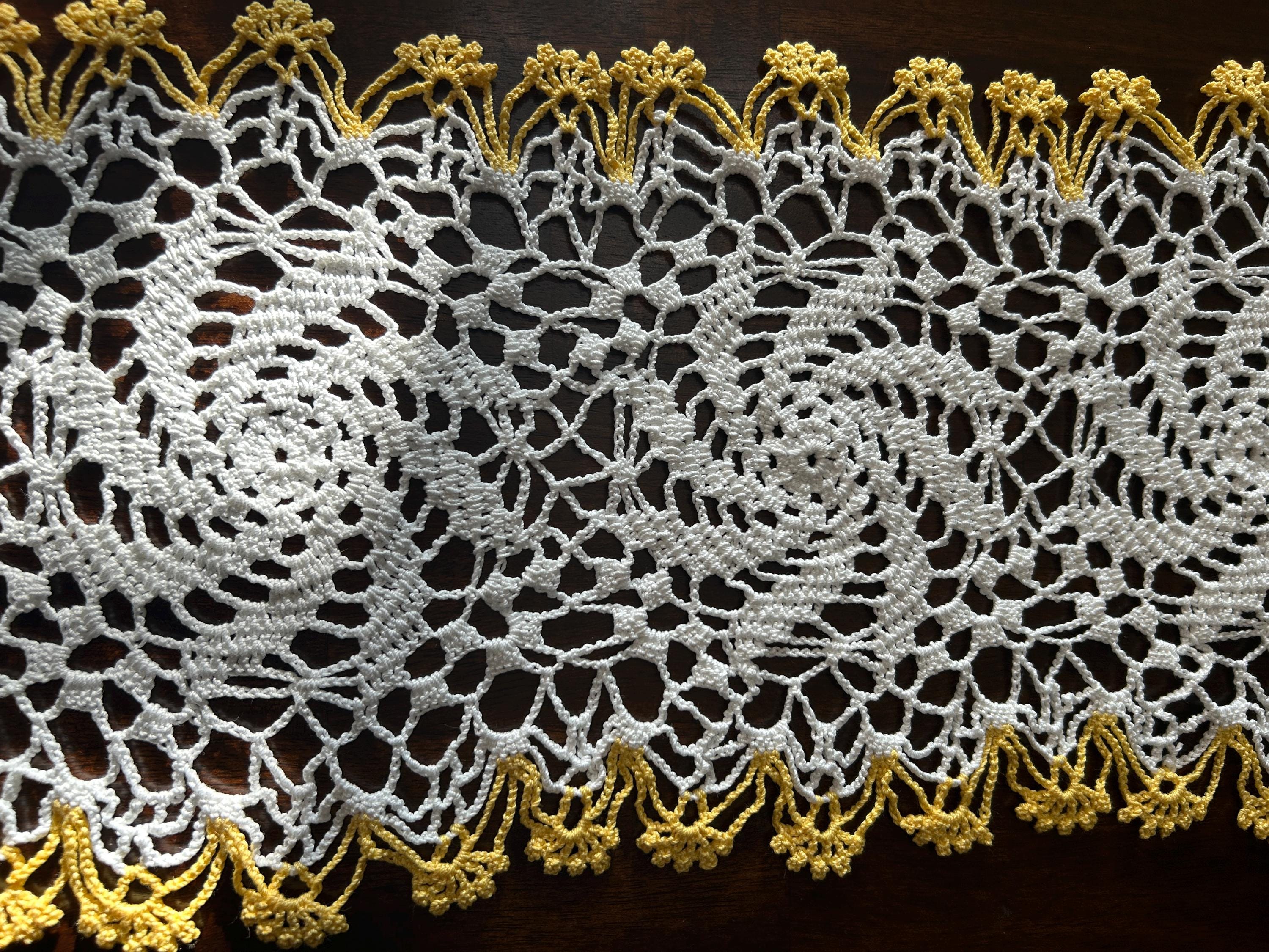 Handmade Crochet White Rectangular Doily With Yellow Border - Pinwheel ...