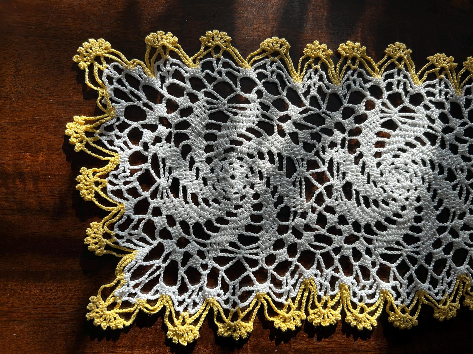 Handmade Crochet White Rectangular Doily With Yellow Border - Pinwheel ...