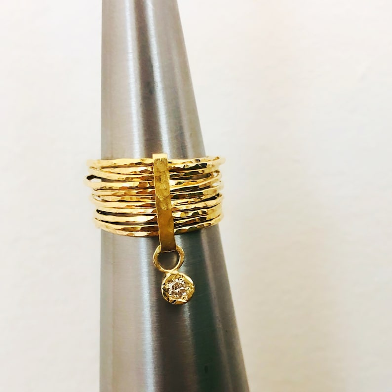 14k Gold Diamond Ring, Diamond Multi Gold Bands, Dangling Diamond Ring ...