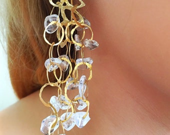 Gold chandelier earrings, Statement earrings, Long brides earrings, Unique bridal earrings, Bridesmaid earrings, February birthstone