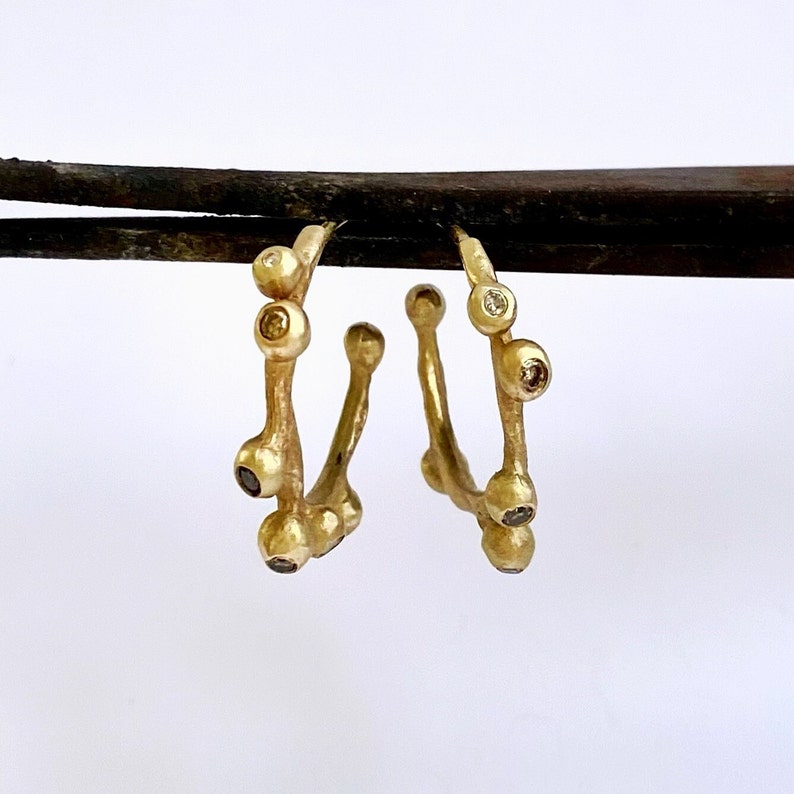 Diamond hoop earrings / Champagne diamond earrings / Small diamond hoops / Organic diamond hoops / Hand made artisan gold hoops image 1