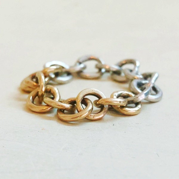 Solid Gold And Silver Chain Ring, 14k Gold Organic Hand Made Link,Mix Metal Link Chain Ring, Flexible Ring, Minimalist Ring, Unisex Ring