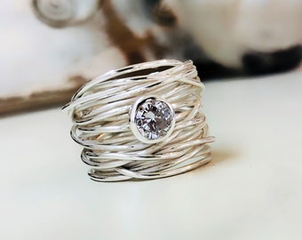 Silver Wrap Diamond Ring , Solitaire Engagement Ring,  CZ Solitaire, Silver Wire Wide Ring, Bridal Engagement Ring, Promise Ring