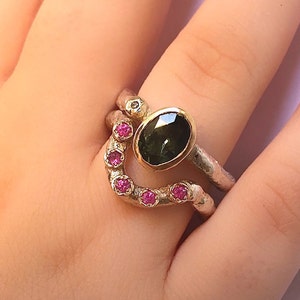 Multi Stone Ring Set, Artisan Gold And Silver Rings Set, Tourmaline Solitaire Ring, Pink Sapphire Curved Ring, Artisan Promise Ring Set image 9