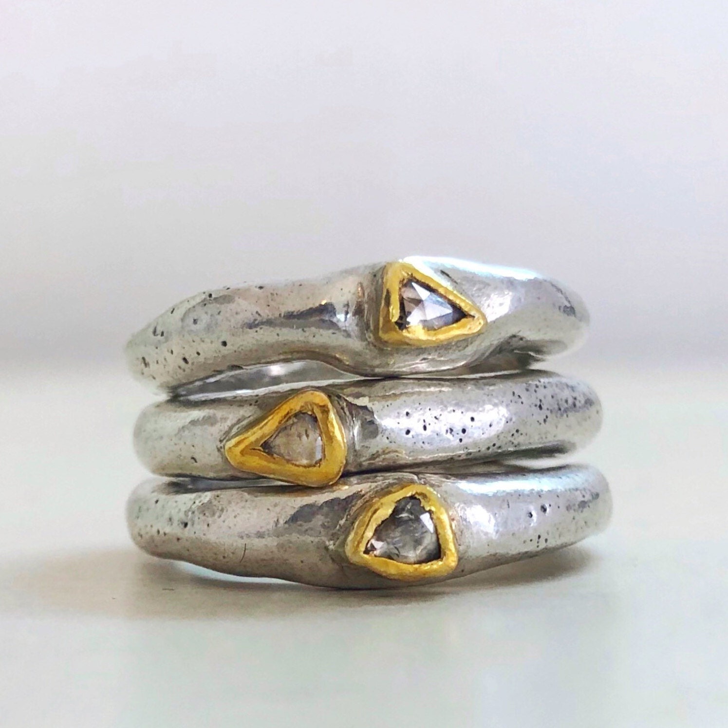Diamond Stacking Rings, Silver Stacking Rings, 24K Gold, Raw Diamonds, Rustic Silver Rings, Unisex Rings, Hand Forged Silver Ring
