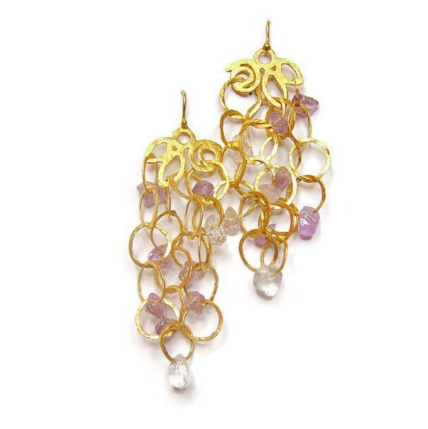 Gold chandelier earrings, Long brides earrings, Chandelier bridal earrings, Unique bridal earrings, Bridesmaid earrings, February birthstone
