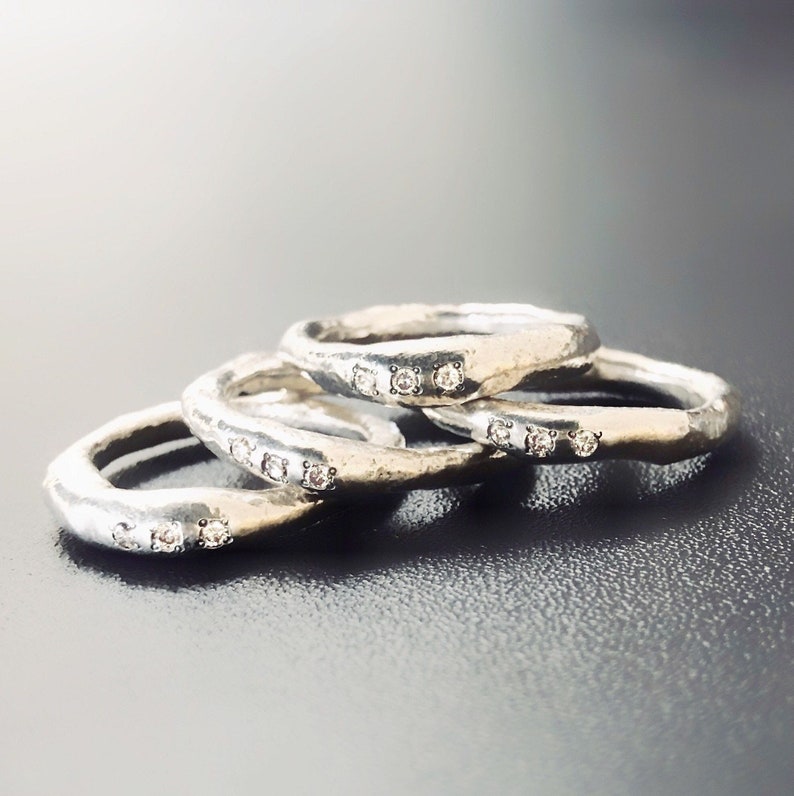 Diamond Stacking Silver Rings, Organic Silver Ring, Silver And Diamond Rings stack, Raw Silver Ring, Minimalist Rings, Unisex Rings image 5