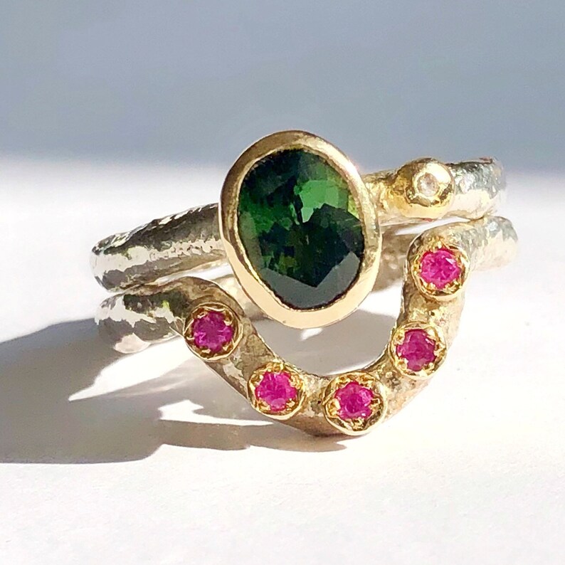 Multi Stone Ring Set, Artisan Gold And Silver Rings Set, Tourmaline Solitaire Ring, Pink Sapphire Curved Ring, Artisan Promise Ring Set image 3