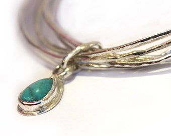 Turquoise Silver Bangle Bracelet, Charm Bangle Set, Gemstone Bangle Bracelet, Turquoise Charm Bracelet, Stacking Charm Bracelet