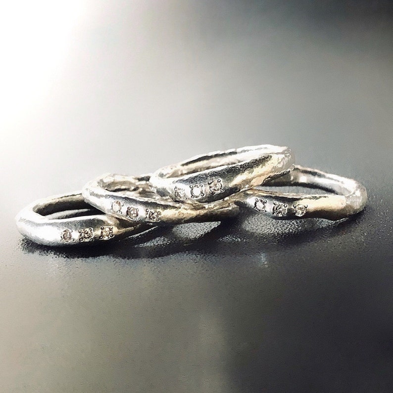 Diamond Stacking Silver Rings, Organic Silver Ring, Silver And Diamond Rings stack, Raw Silver Ring, Minimalist Rings, Unisex Rings image 2