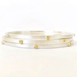 Diamond Bangle Bracelet, Diamond Stacking Bangle, Multi Diamond Bangle, Two Tone Stack Bracelet, Rustic Silver Bracelet