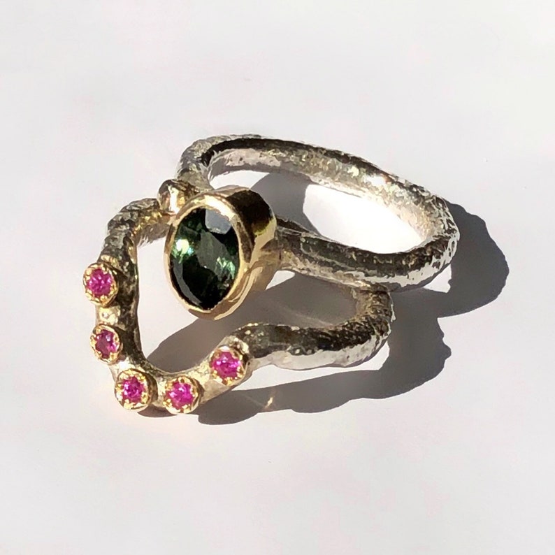 Multi Stone Ring Set, Artisan Gold And Silver Rings Set, Tourmaline Solitaire Ring, Pink Sapphire Curved Ring, Artisan Promise Ring Set image 5