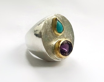 Multi Stone Ring, Artisan Big Ring, Amethyst Turquoise Cocktail Ring, Turquoise Multi Stone Ring, Statement Silver And Gold Ring