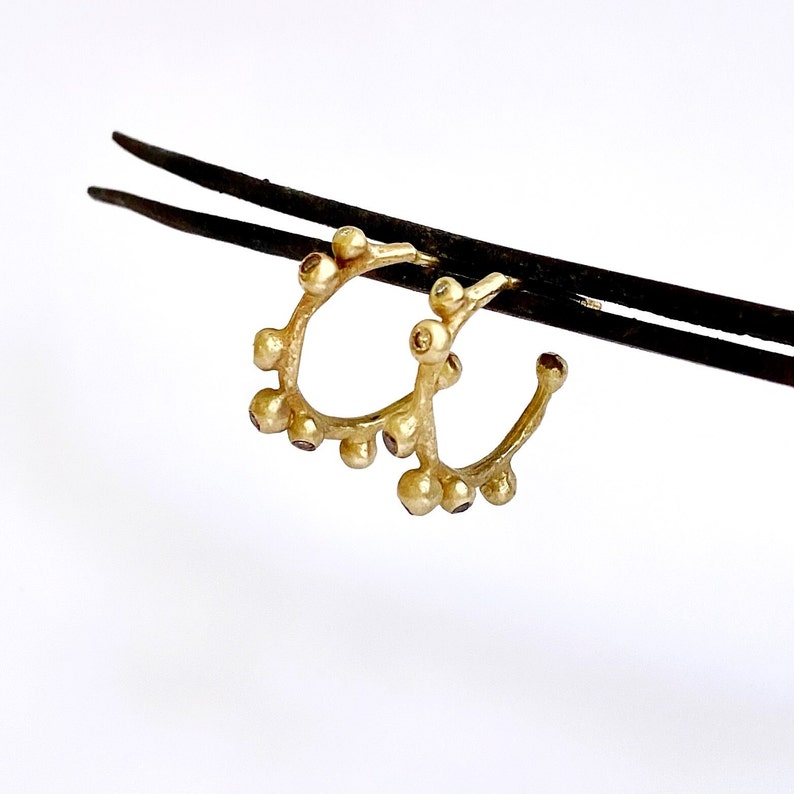 Diamond hoop earrings / Champagne diamond earrings / Small diamond hoops / Organic diamond hoops / Hand made artisan gold hoops image 2
