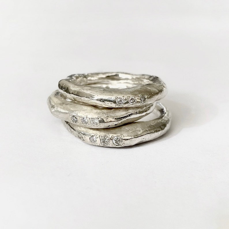 Diamond Stacking Silver Rings, Organic Silver Ring, Silver And Diamond Rings stack, Raw Silver Ring, Minimalist Rings, Unisex Rings image 3