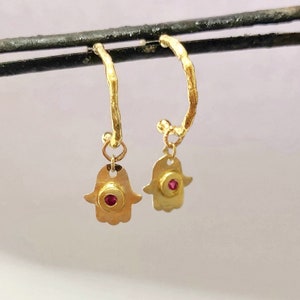 Charm Gold Hoop Earrings, Ruby Hoop Earrings, Hamsa Charm Earrings, Handmade Gold Hoops, Artisan Fine Gold Unisex Hoops, Unique Small Hoop