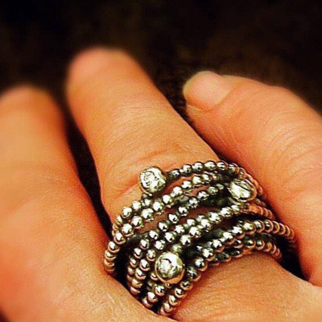 Chunky Silver Bubble Ring, Diamonds Wrap Silver Band, Multi Diamond