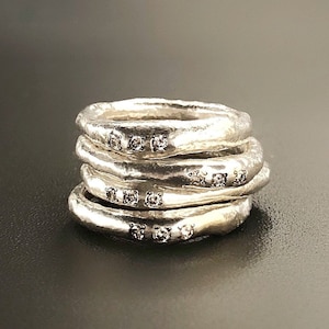 Diamond Stacking Silver Rings, Organic Silver Ring, Silver And Diamond Rings stack, Raw Silver Ring, Minimalist Rings, Unisex Rings image 6