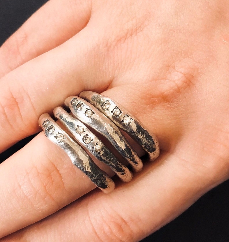 Diamond Stacking Silver Rings, Organic Silver Ring, Silver And Diamond Rings stack, Raw Silver Ring, Minimalist Rings, Unisex Rings image 7