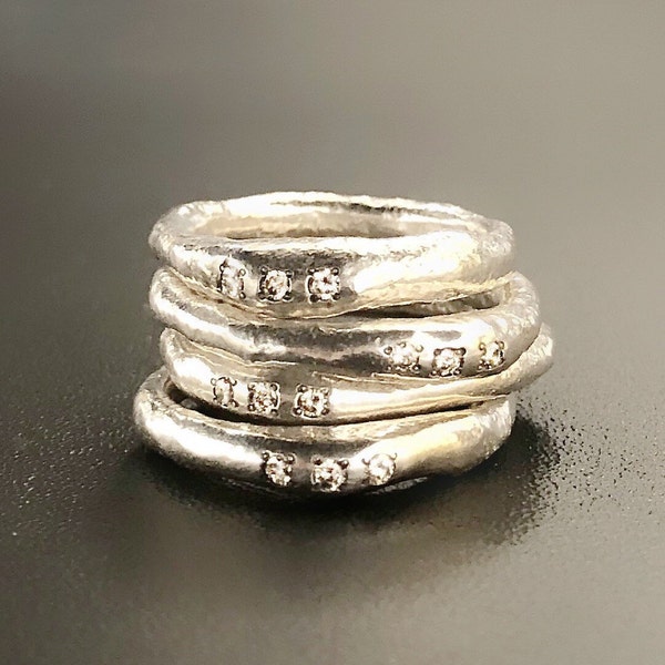 Diamond Stacking Silver Rings, Organic Silver Ring, Silver And Diamond Rings stack, Raw Silver Ring, Minimalist Rings, Unisex Rings