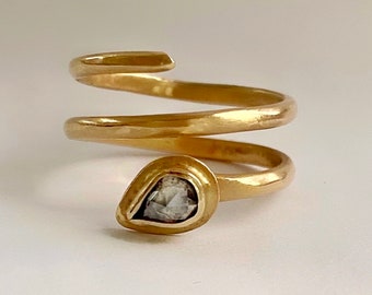 Gold Diamond Wrap Ring,  Pinky Diamond Spiral Ring, Unique Statement Wrap Ring, Salt & Pepper Wraparound Ring, 14k gold Unique Spiral Design