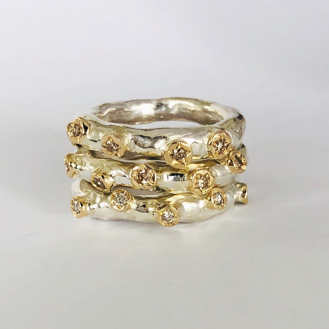 Diamond Stacking Silver Band, Gold and Silver Diamonds Ring, Rustic ...