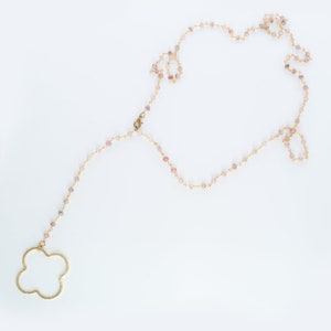 Strawberry Quartz Necklace with Clover Gold Plated Pendant (Adjustable)