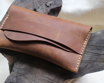 Billetera para teléfono hecha a mano, funda protectora para teléfono móvil, billetera delgada de cuero marrón simple, tarjeta de crédito de cuero, juegos de postales.