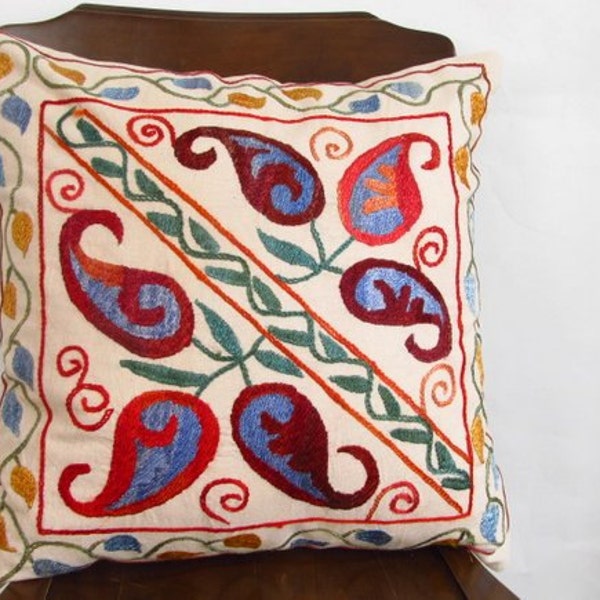 Suzani Embroidered Pillow Cover -Decorative Pillow For Couch - Throw Pillow - Hand Embroidered Pillow - Vintage Uzbek Pillow - Accent Pillow