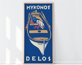 1960 GREECE MYKONOS DELOS Poster Print Mid Century Modern Fishing Boat Greek Travel Illustration Mediterranean Sea Scandinavian Matisse