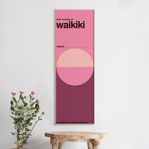Pôster WAIKIKI HAWAII SUNSET Impressão de meados do século moderno Surf Califórnia Tipografia Suíça Helvética Jack Johnson Tropical Brasil Arquitetura