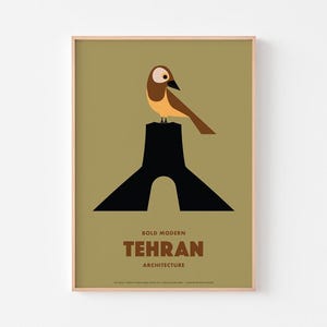 Impresión de póster de arquitectura de Teherán / Torre Azadi y una curiosidad del ruiseñor Bolbol / Irán Modernismo Persia Reza Pahlavi Bauhaus / Charley Harper
