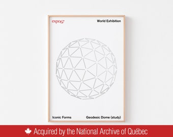 Póster de la Cúpula Geodésica de la EXPO 67, Montreal, Canadá, mediados de siglo, moderno, 1967, Pabellón de EE. UU., escandinavo, danés, abstracto, hábitat, biosfera
