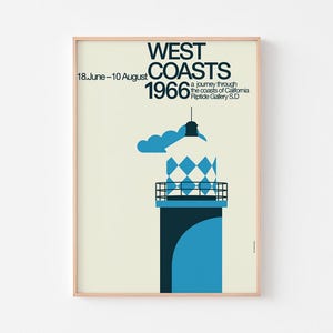 Impresión de póster de la Costa Oeste de 1966 / Faro de San Pedro / Arquitectura de cabañas de surf modernas de mediados de siglo, estilo Bauhaus de California imagen 1