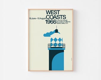 WEST COASTS 1966 Poster Print | San Pedro Lighthouse | Mid Century Modern Surf Shack Architecture California Bauhaus
